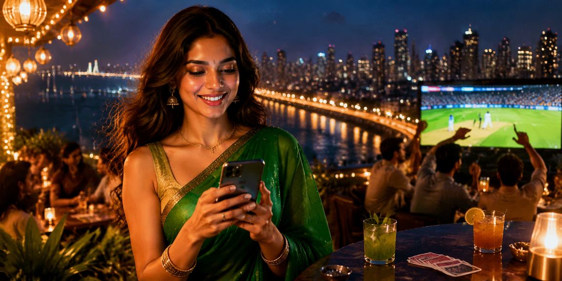 Mobile player enjoying Rummy game in Mumbai with traditional outfit